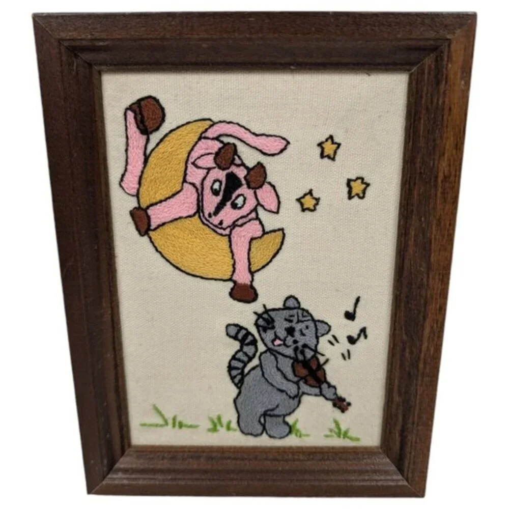 Completed Embroidered Cow Jump Over Moon Fiddle Cat Framed Frame 6x8